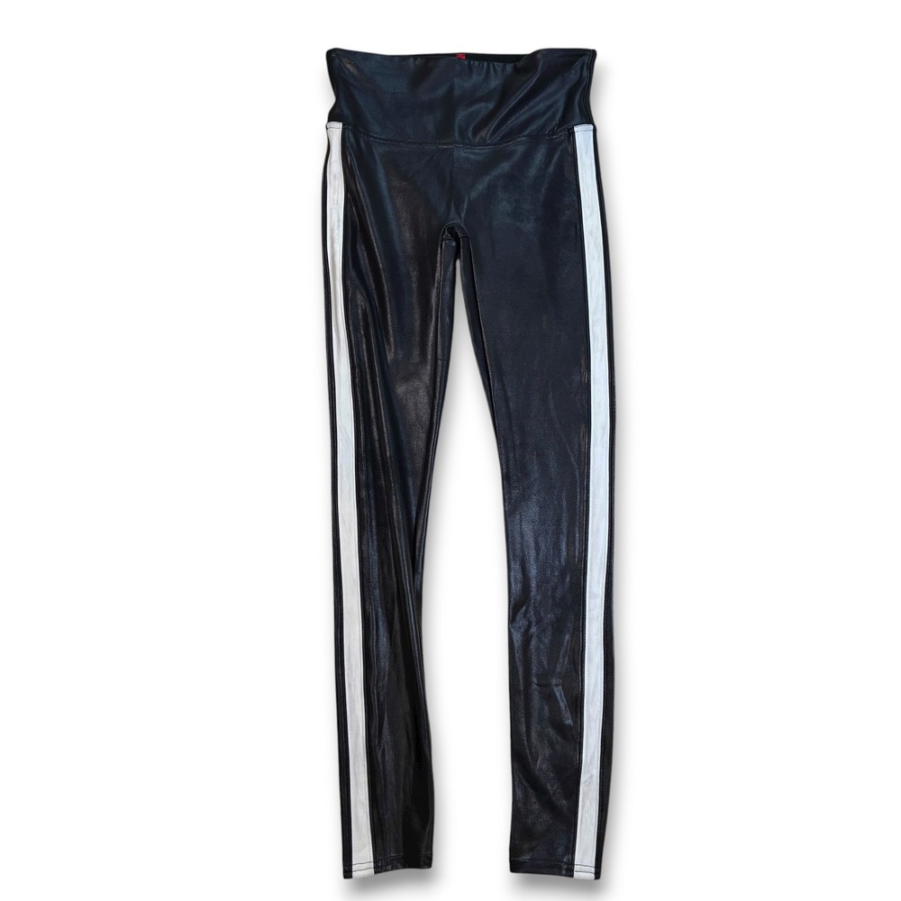 SPANX Black Faux Leather Shine Leggings White‎ Stripe Side Detail Women's Small